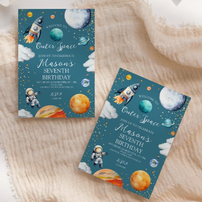 Invitación Cumpleaños de niños con cohete espacial exterior a (Subido por el creador)