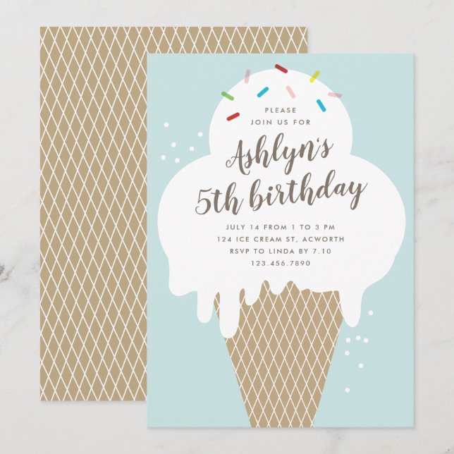 Invitación Cumpleaños de niños con cono de helado azul (Anverso / Reverso)