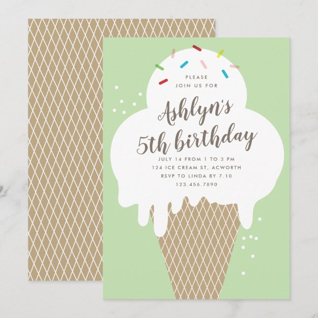 Invitación Cumpleaños de niños con cono de helado verde (Anverso / Reverso)