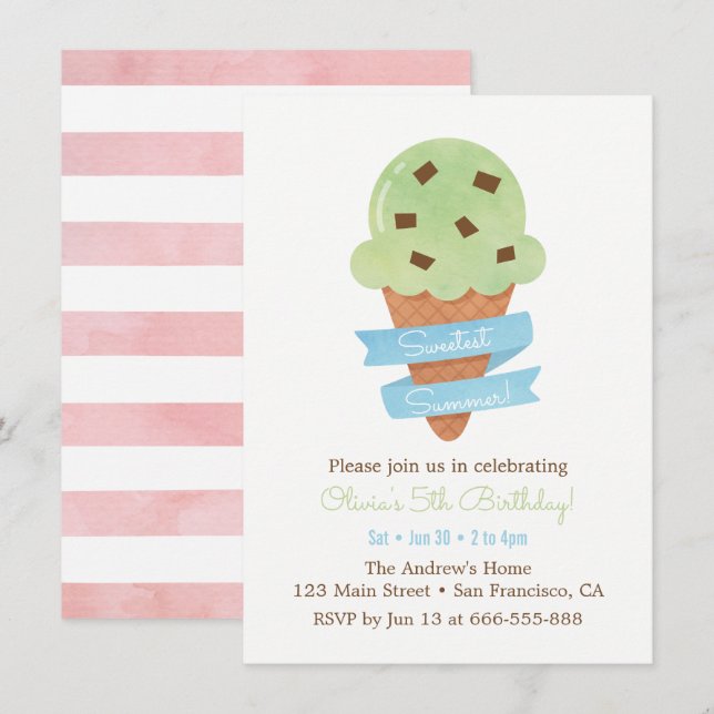 Invitación Cumpleaños de niños con cono de helado verde menta (Anverso / Reverso)