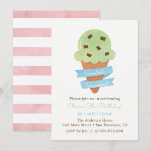 Invitación Cumpleaños de niños con cono de helado verde menta