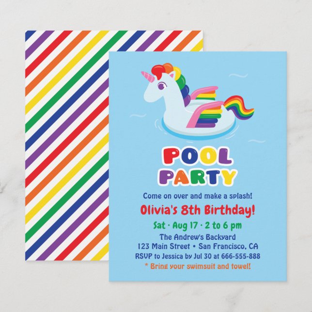 Invitación Cumpleaños de niños con flotador de piscina de uni (Anverso / Reverso)
