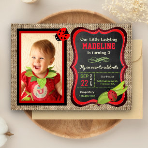 Invitación Cumpleaños de niños con foto de mariquita roja lin
