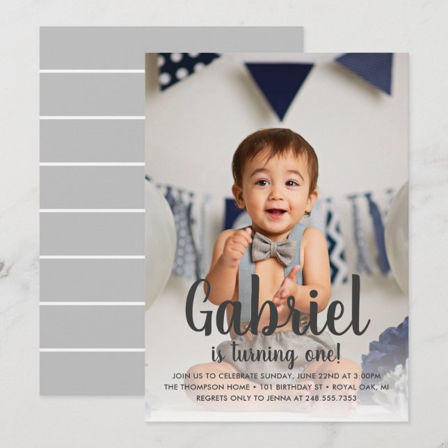 Invitación Cumpleaños de niños con foto de primer cumpleaños  (Anverso / Reverso)