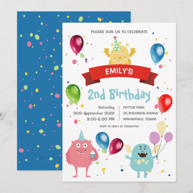 Invitación Cumpleaños de niños con globos de monstruos pastel (Anverso / Reverso)
