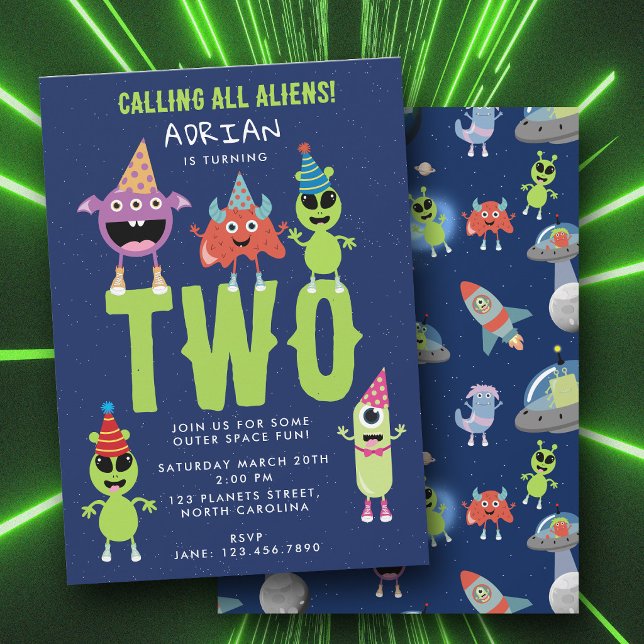 Invitación Cumpleaños de niños con monstruo alienígena modern (Cute Modern Alien Monster Space Kids Birthday Invitation)