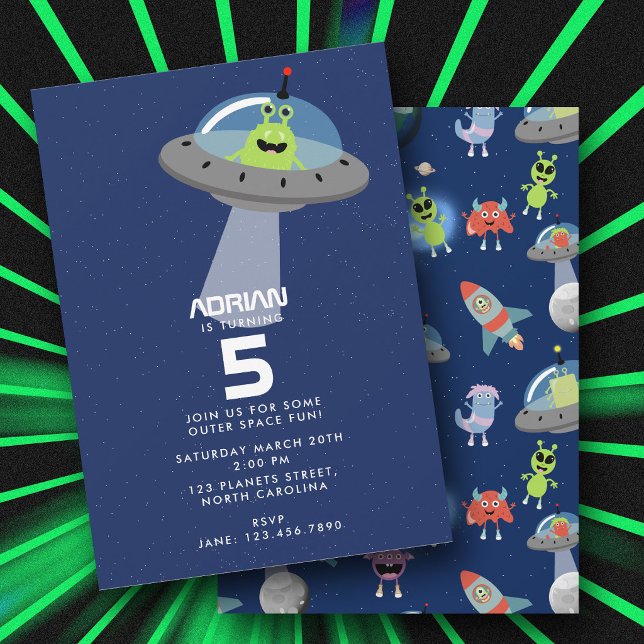 Invitación Cumpleaños de niños con monstruo alienígena modern (Cute Modern Alien Monster Space Kids Birthday Invitation)
