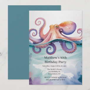 Invitación Cumpleaños de niños con pulpo de acuarela