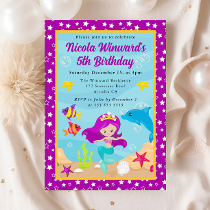 Invitación Cumpleaños de niños con sirena de cabello púrpura