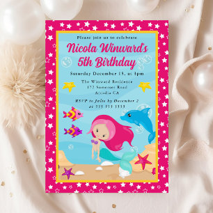 Invitación Cumpleaños de niños con sirena pelirroja adorable