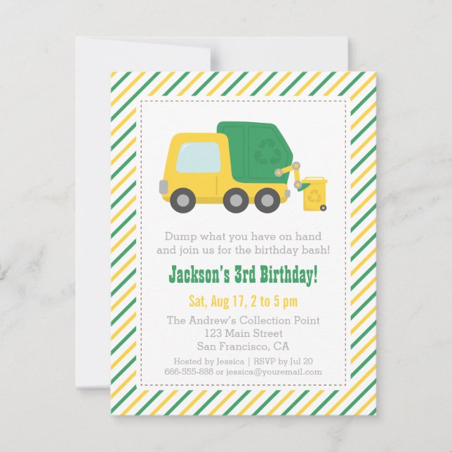 Invitación Cumpleaños de niños con tema de camión de basura r (Anverso)
