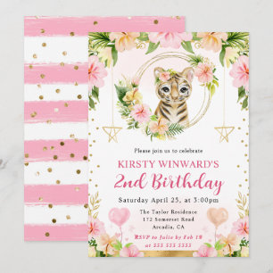 Invitación Cumpleaños de niños con tigre de la selva rosa cut