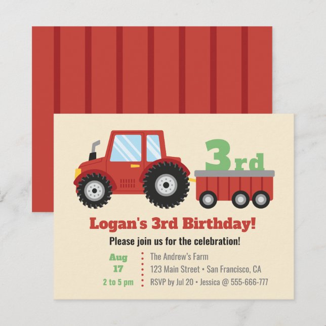 Invitación Cumpleaños de niños con Tractor Rojo y Carro (Anverso / Reverso)