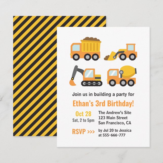 Invitación Cumpleaños de niños con vehículos de construcción  (Anverso / Reverso)