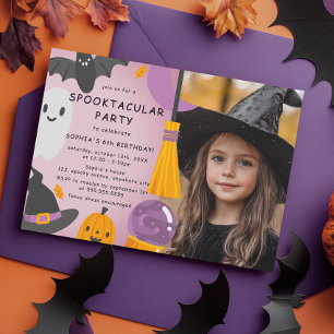 Invitación Cumpleaños De Niños De Halloween Lindo Naranja Púr