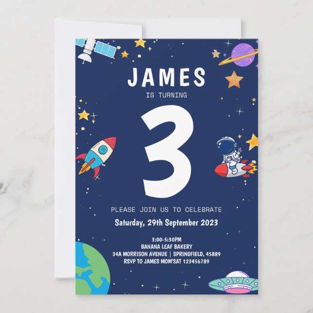Invitación Cumpleaños de niños de la moderna marina espacial  (Anverso)