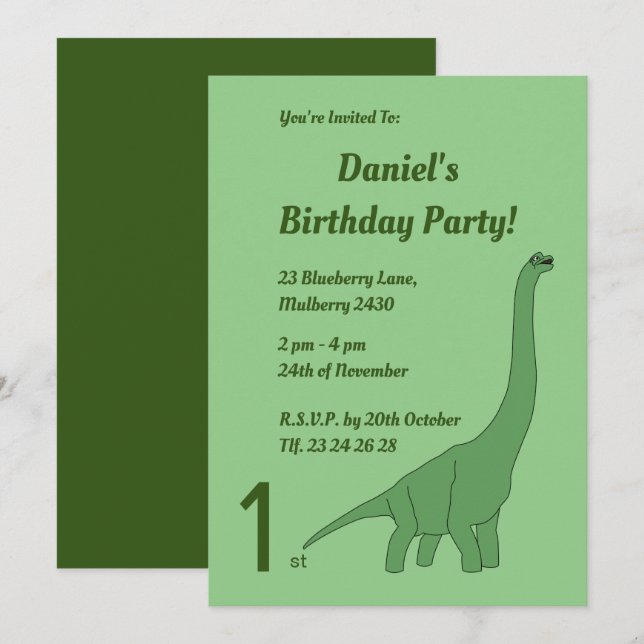 Invitación Cumpleaños de niños dinosaurio verde de cuello lar (Anverso / Reverso)