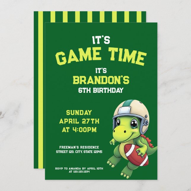 Invitación Cumpleaños de niños Dinosaurio verde lindo de fútb (Anverso / Reverso)