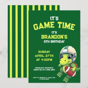 Invitación Cumpleaños de niños Dinosaurio verde lindo de fútb