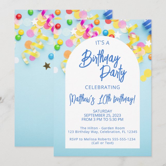 Invitación Cumpleaños de niños en azul (Anverso / Reverso)