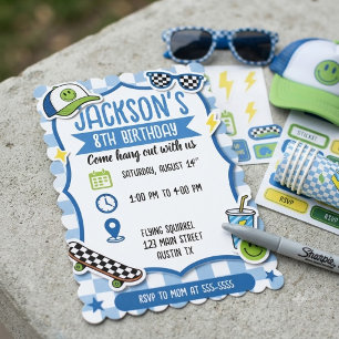 Invitación Cumpleaños de niños en Cool Blue Skateboard Checke