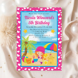 Invitación Cumpleaños de niños en la playa con una linda niña