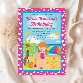 Invitación Cumpleaños de niños en la playa con una linda niña