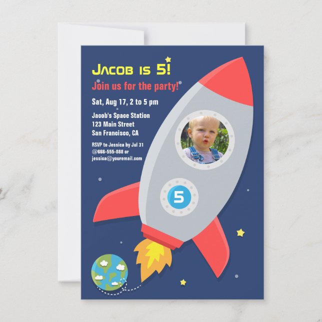 Invitación Cumpleaños de niños Fiesta Espacial Barco Cohete F (Anverso)
