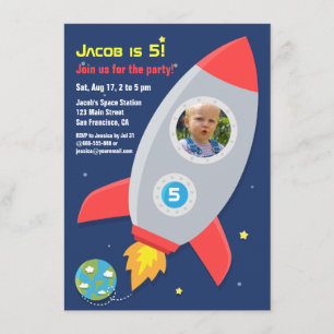 Invitación Cumpleaños de niños Fiesta Espacial Barco Cohete F