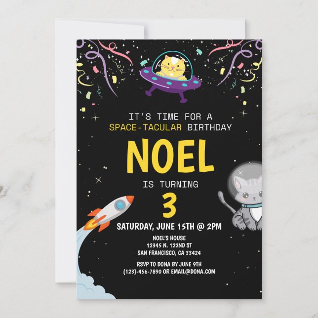 Invitación Cumpleaños de niños gato astronauta negro (Anverso)