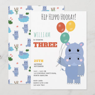 Invitación Cumpleaños de niños Hip Hipó Hipopótamo Lindo