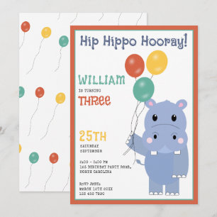 Invitación Cumpleaños de niños Hip Hipópotamo Lindo Hipópotam
