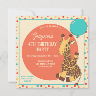 Invitación Cumpleaños de niños jirafa linda con globo azul