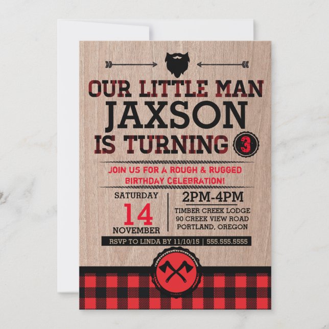 Invitación cumpleaños de niños Lumberjack, hombrecito rústico (Anverso)