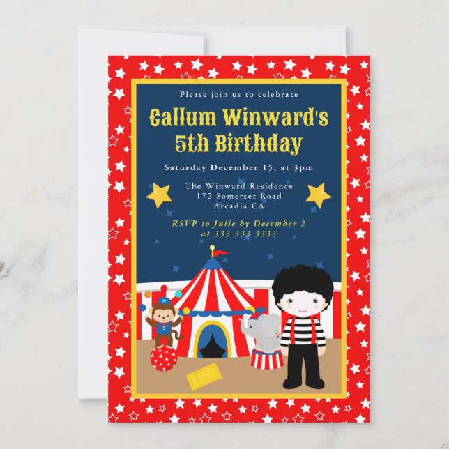 Invitación Cumpleaños de niños mimo niño lindo circo  (Anverso)