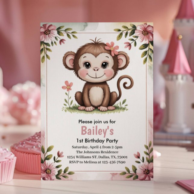 Invitación Cumpleaños de Niños Mono Rosa Lindo 1er Cumpleaños (Subido por el creador)