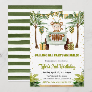 Invitación Cumpleaños de niños mono selva acuarela