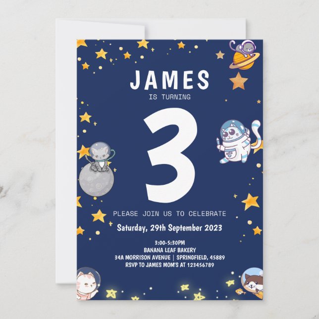 Invitación Cumpleaños de niños Navy Gato Astronauta Niños (Anverso)