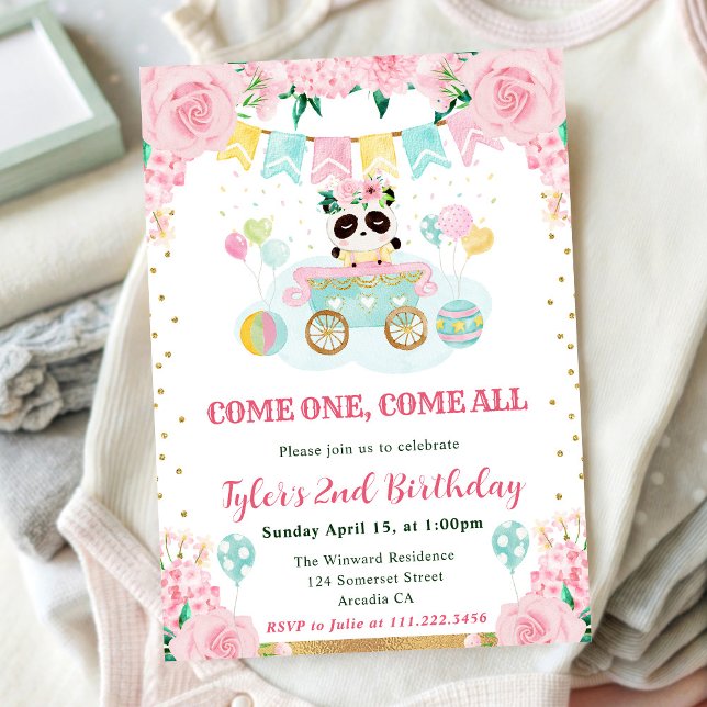 Invitación Cumpleaños de niños panda con flores rosadas acuar (Subido por el creador)