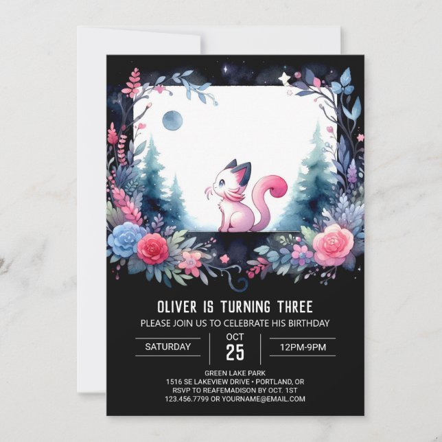 Invitación Cumpleaños de Niños Pastel Cat (Anverso)