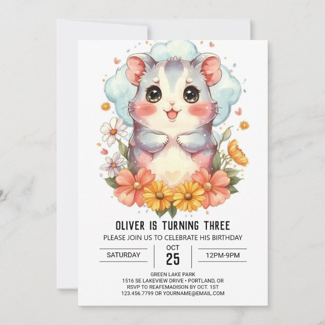Invitación Cumpleaños de Niños Pastel Hamster (Anverso)