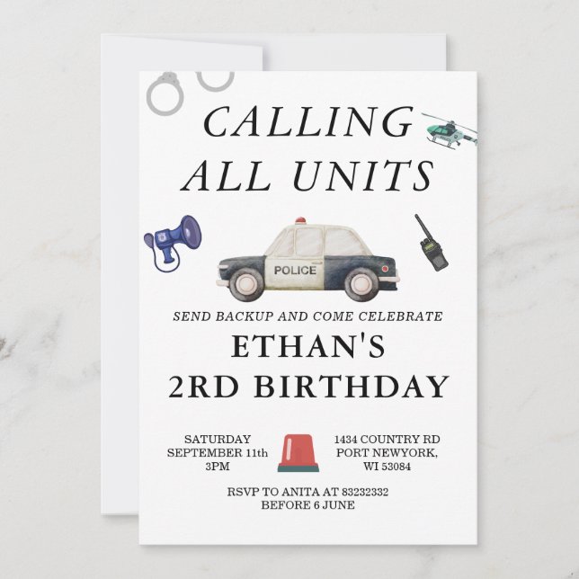 Invitación Cumpleaños de niños policías elegantes (Anverso)