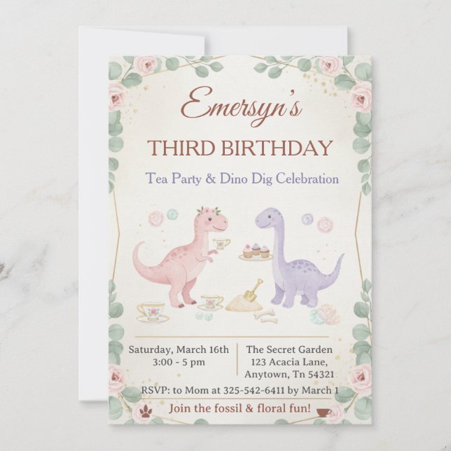 Invitación Cumpleaños de niños prehistóricos con lindo dinosa (Anverso)