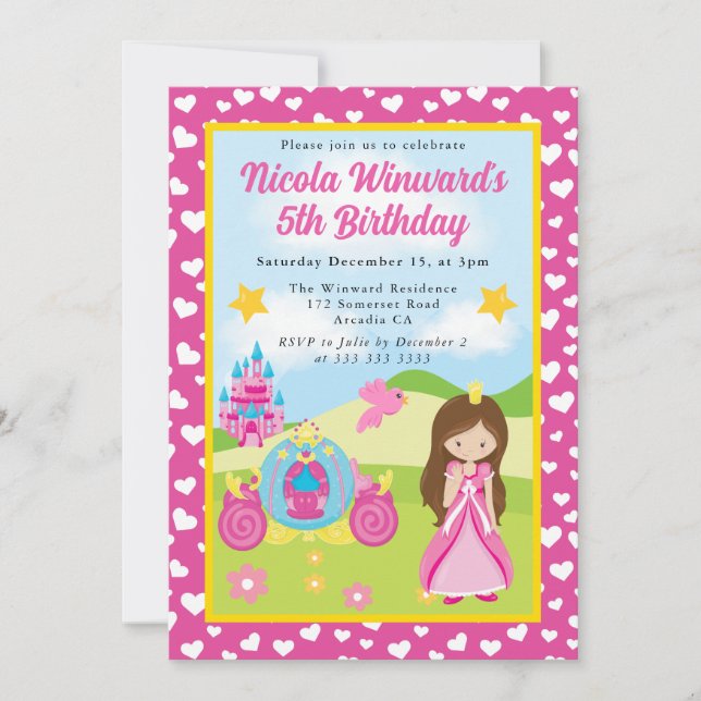 Invitación Cumpleaños de niños Princesa de pelo Moreno Bonito (Anverso)