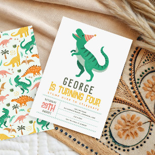 Invitación Cumpleaños de niños T Rex lindo dinosaurio 4 años