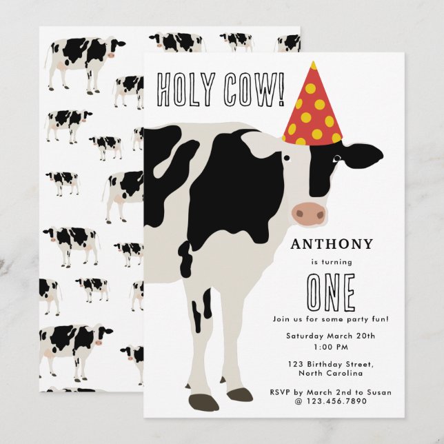 Invitación Cumpleaños de Niños Vaca Sagrada Fiesta de Vaca (Anverso / Reverso)