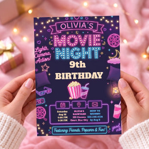 Invitación Cumpleaños de Noche de Cine de Neón