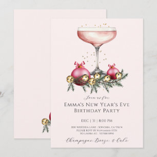 Invitación Cumpleaños de Nochevieja en rosa champán femenino