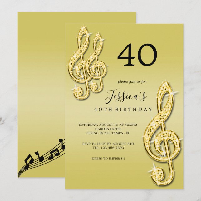 Invitación Cumpleaños de notas musicales de oro Glitzy (Anverso / Reverso)