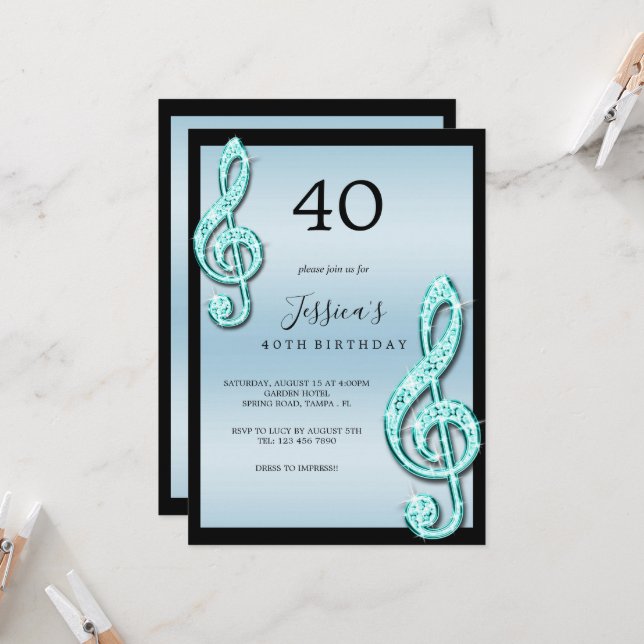 Invitación Cumpleaños de notas musicales turquesa Glitzy (Anverso/Reverso In Situ)